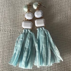 WHITE & BLUE STONE RAFFIA TASSEL  EARRINGS